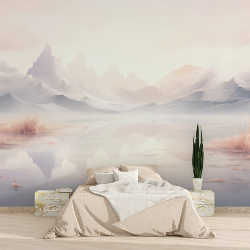 Mountain landscape wallpaper creating depth in modern living room with grey sofa