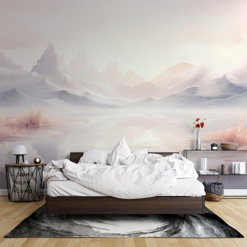 Pastel mountain mural wallpaper in calming bedroom setting