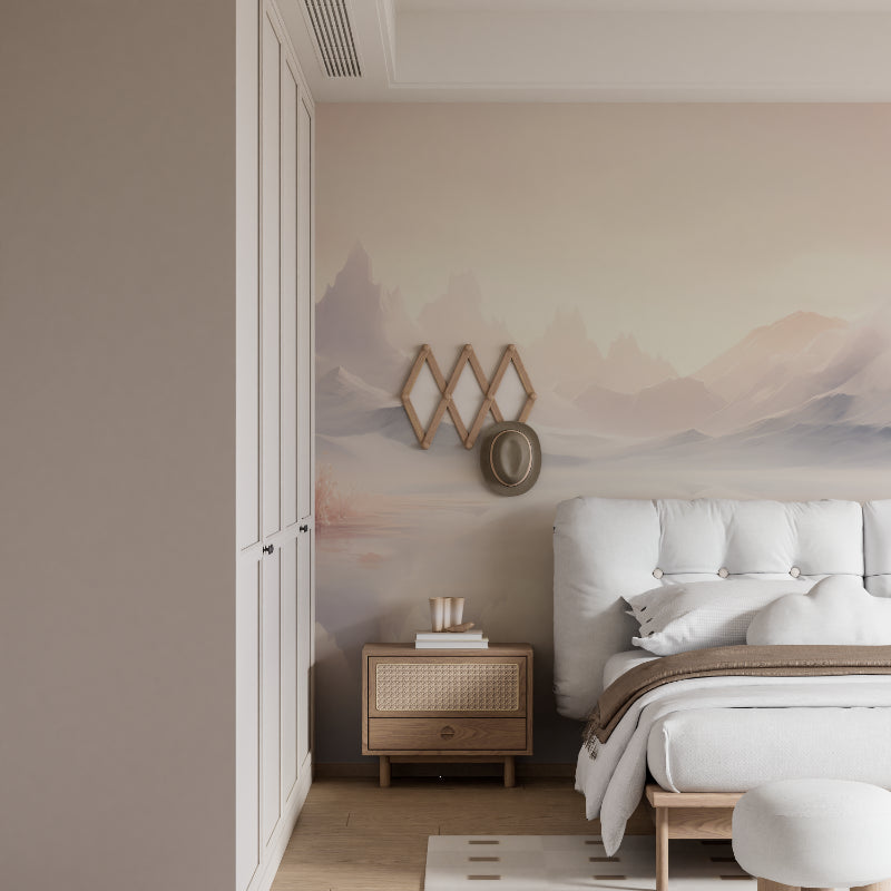 Mountain wall mural bringing nature into minimalist dining room
