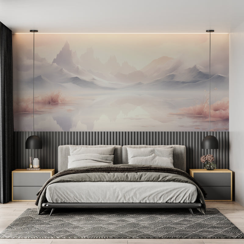 Panoramic mountain wallpaper creating depth in home office