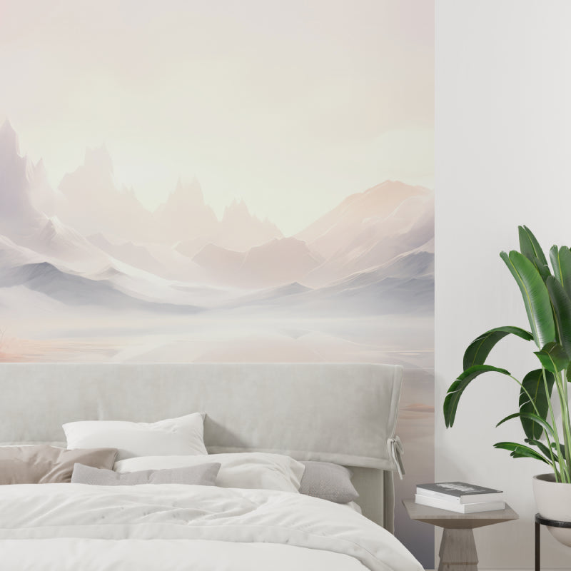 Misty mountain mural adding serenity to meditation room