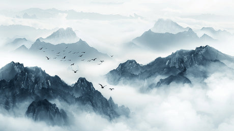 Mountain landscape design file showing misty peaks and flying birds pattern