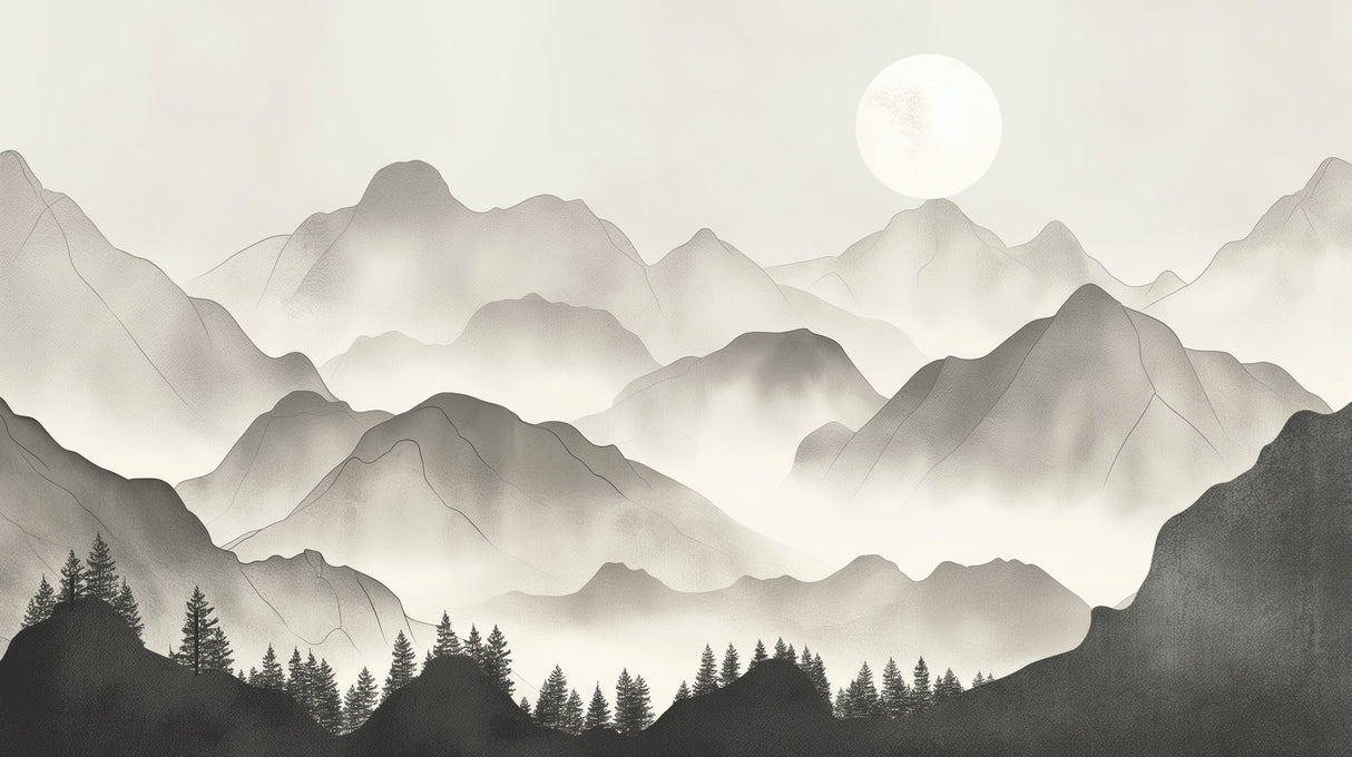 Mountain landscape wallpaper creating depth in a modern living room with minimal furniture