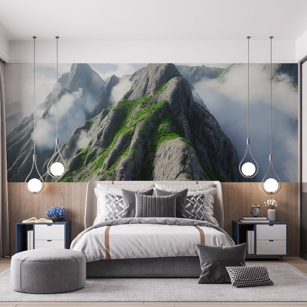 Mountain landscape wallpaper creating depth in a modern living room with minimalist furniture