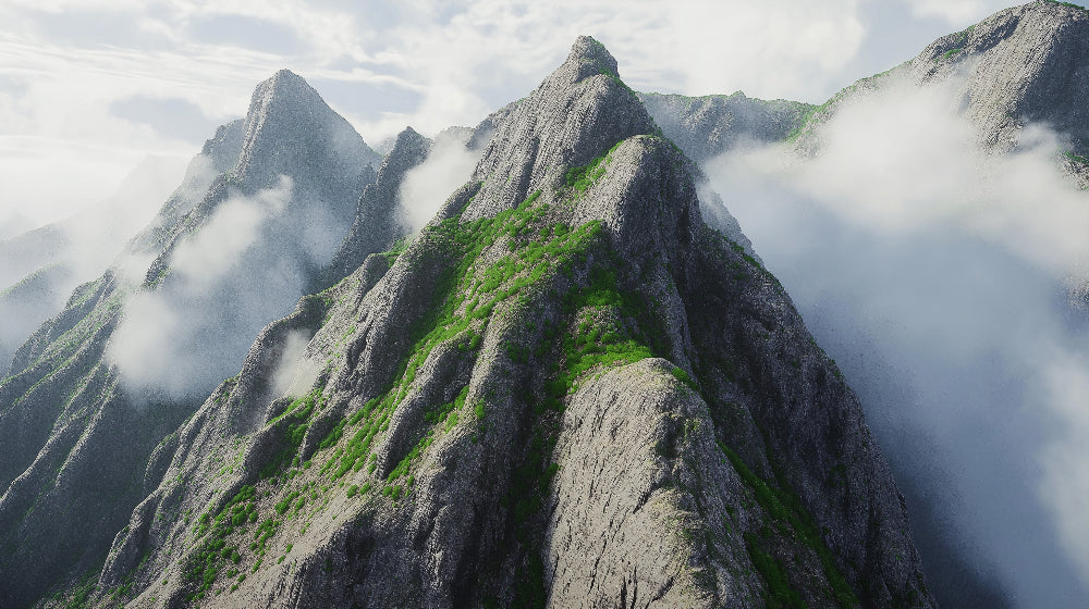 Mountain wall mural design file showing detailed misty peaks and green vegetation pattern