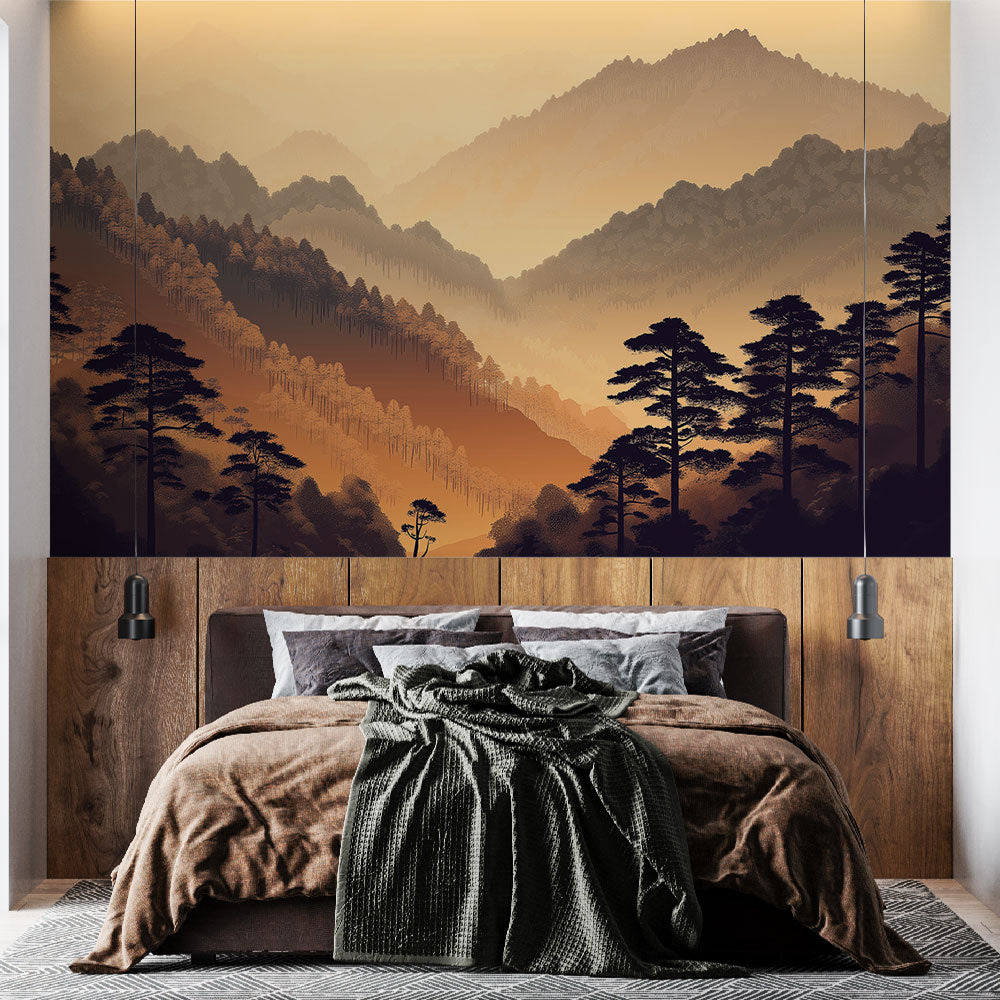 Mountain forest wallpaper mural creating a cozy atmosphere in a modern living room with soft sunset lighting