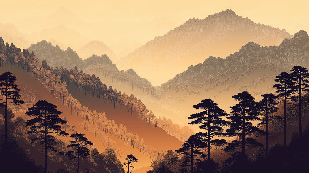 Mountain pine forest sunset design file showing detailed misty landscape pattern