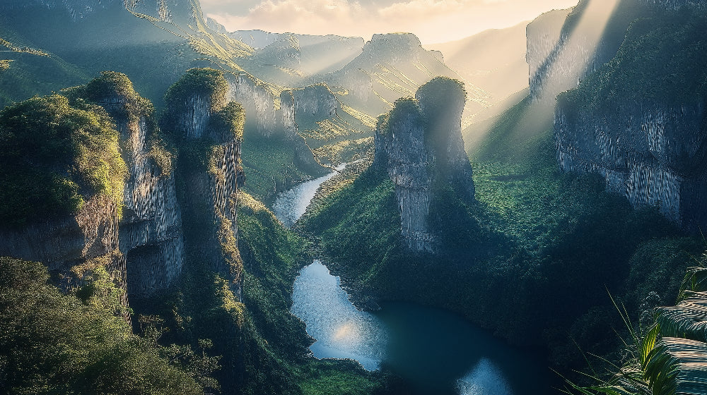 Mountain and river landscape design file showing full misty canyon pattern