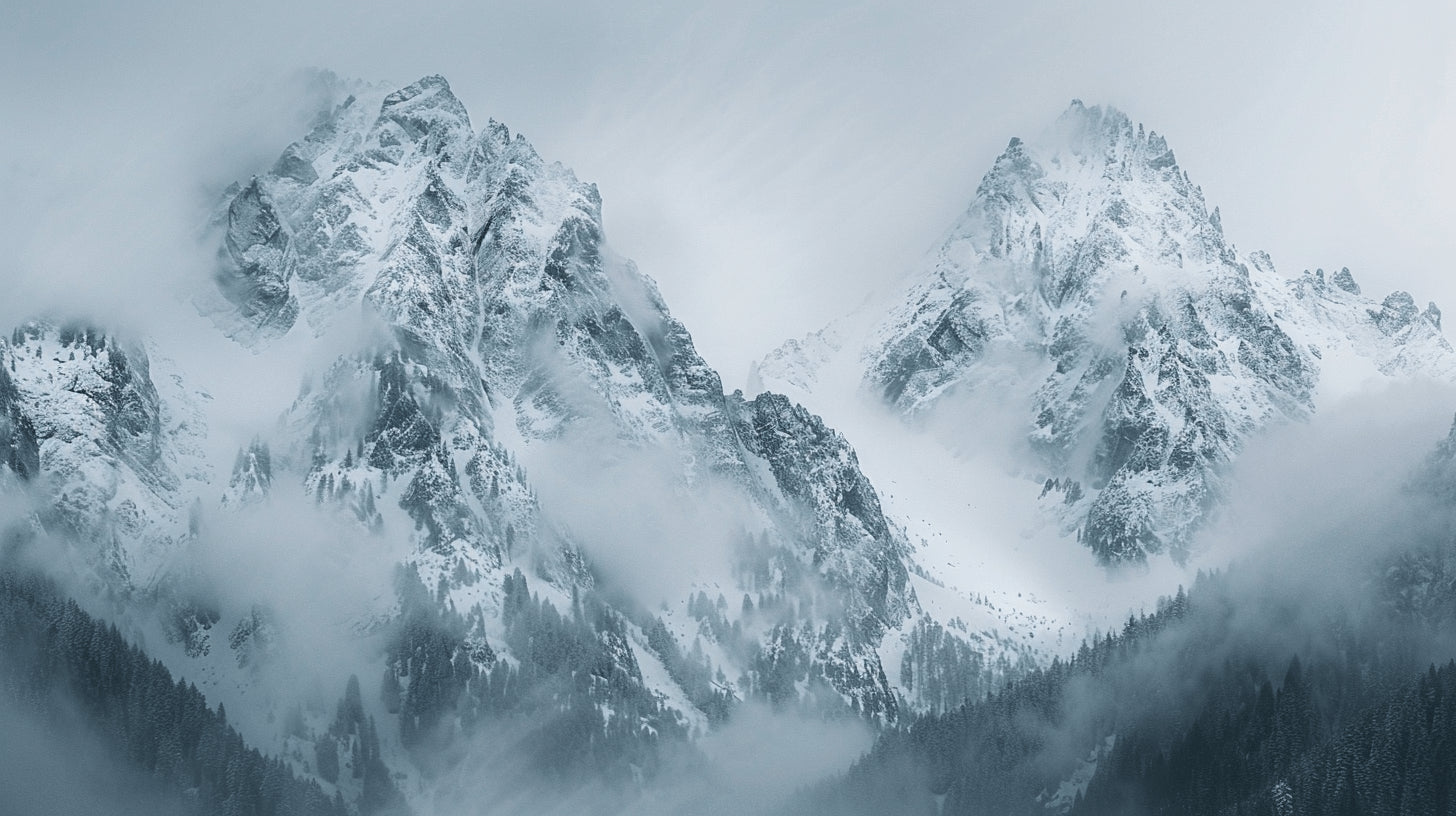 Design file showing full mountain landscape pattern with misty peaks and snow details