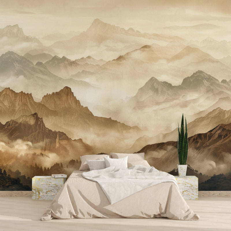 Mountain landscape wallpaper creating depth in modern living room with minimal furniture