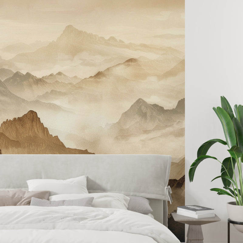 Terracotta mountain mural in cozy bedroom setting with natural light