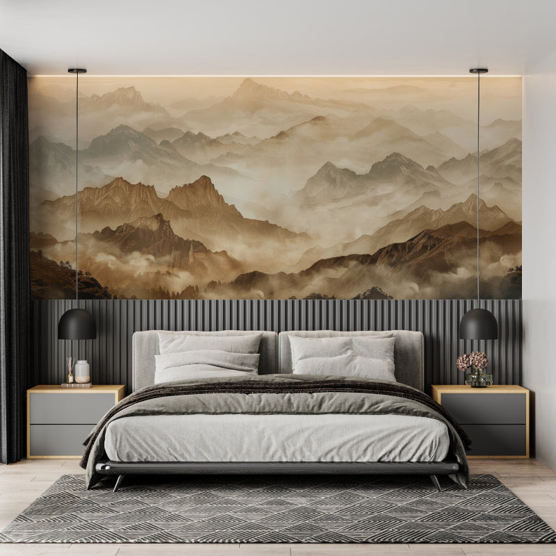Mountain wall mural adding warmth to dining room with soft lighting