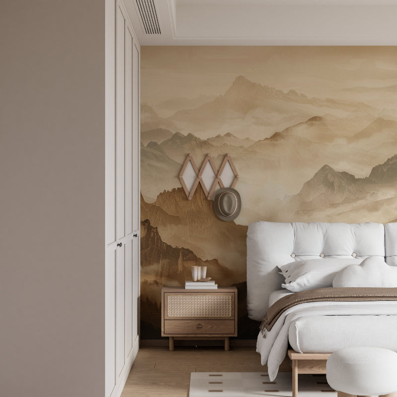 Mountain mural enhancing hallway with warm terracotta tones