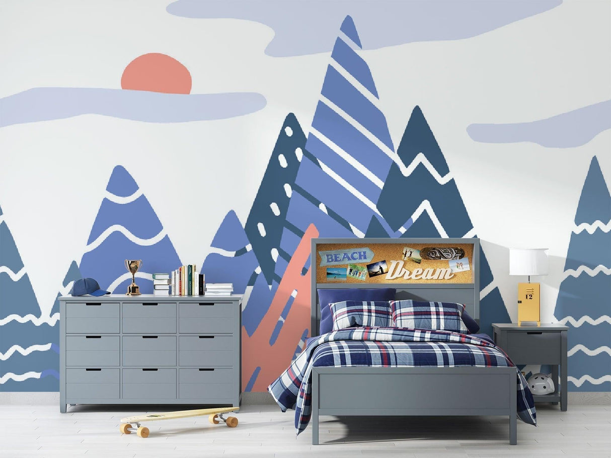 Modern Mountain Wallpaper in bright Scandinavian living room, showing geometric blue peaks against white walls
