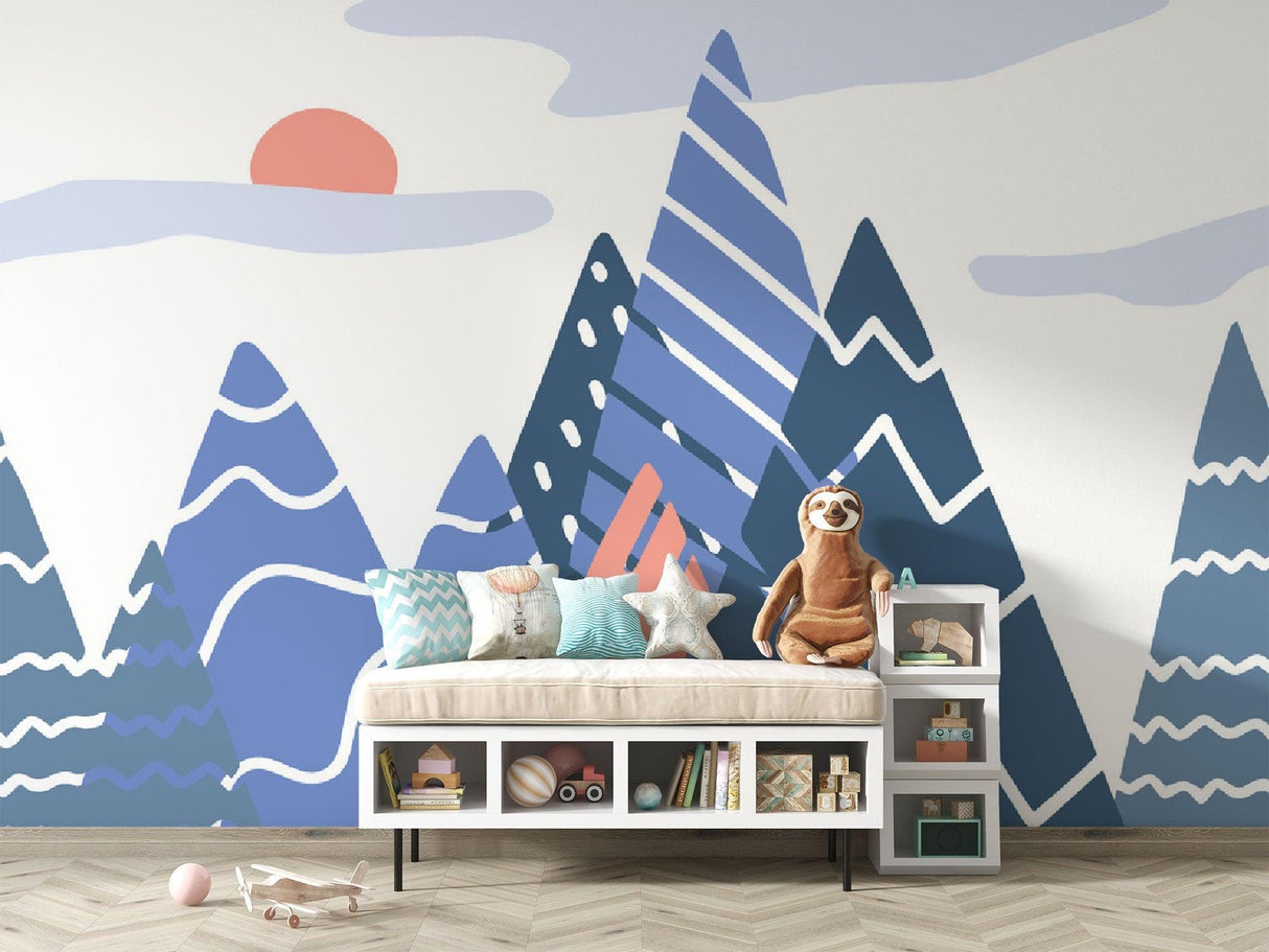 Blue Mountain Peak Mural in minimalist home office with wooden desk