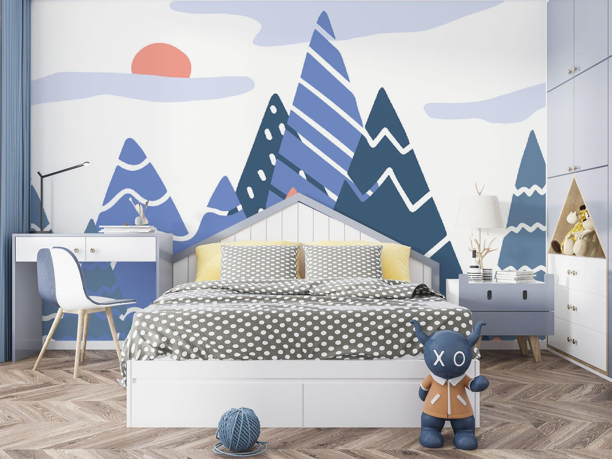 Geometric Mountain Wallpaper in modern bedroom with grey bedding