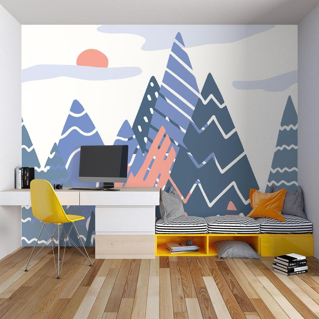 Mountain Pattern Wallpaper in kid's reading nook with floor cushions