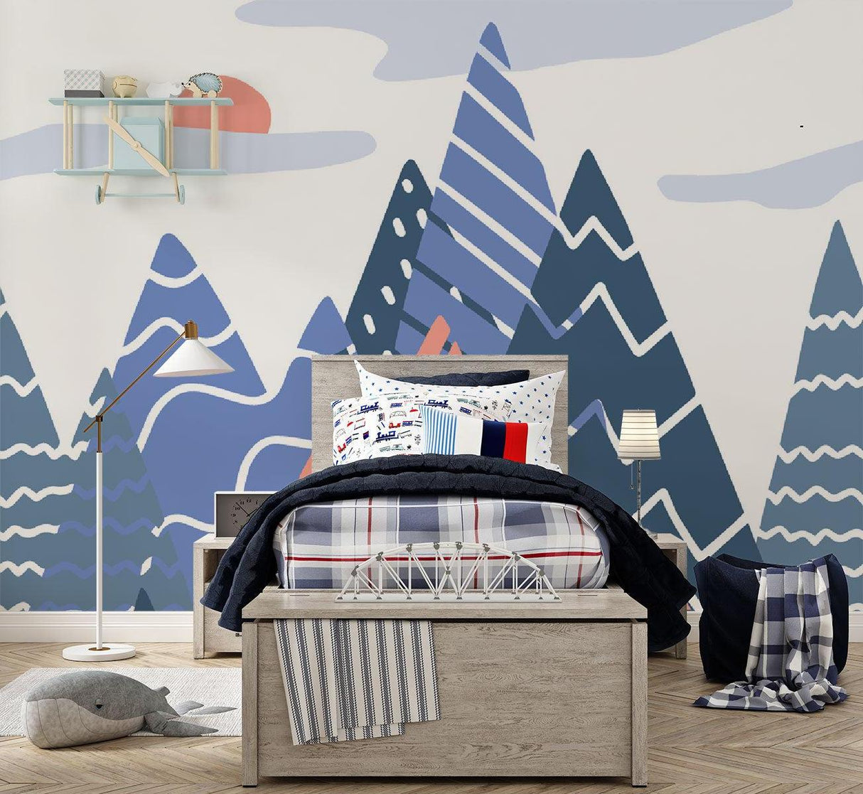 Modern Mountain Mural in stylish nursery with white furniture