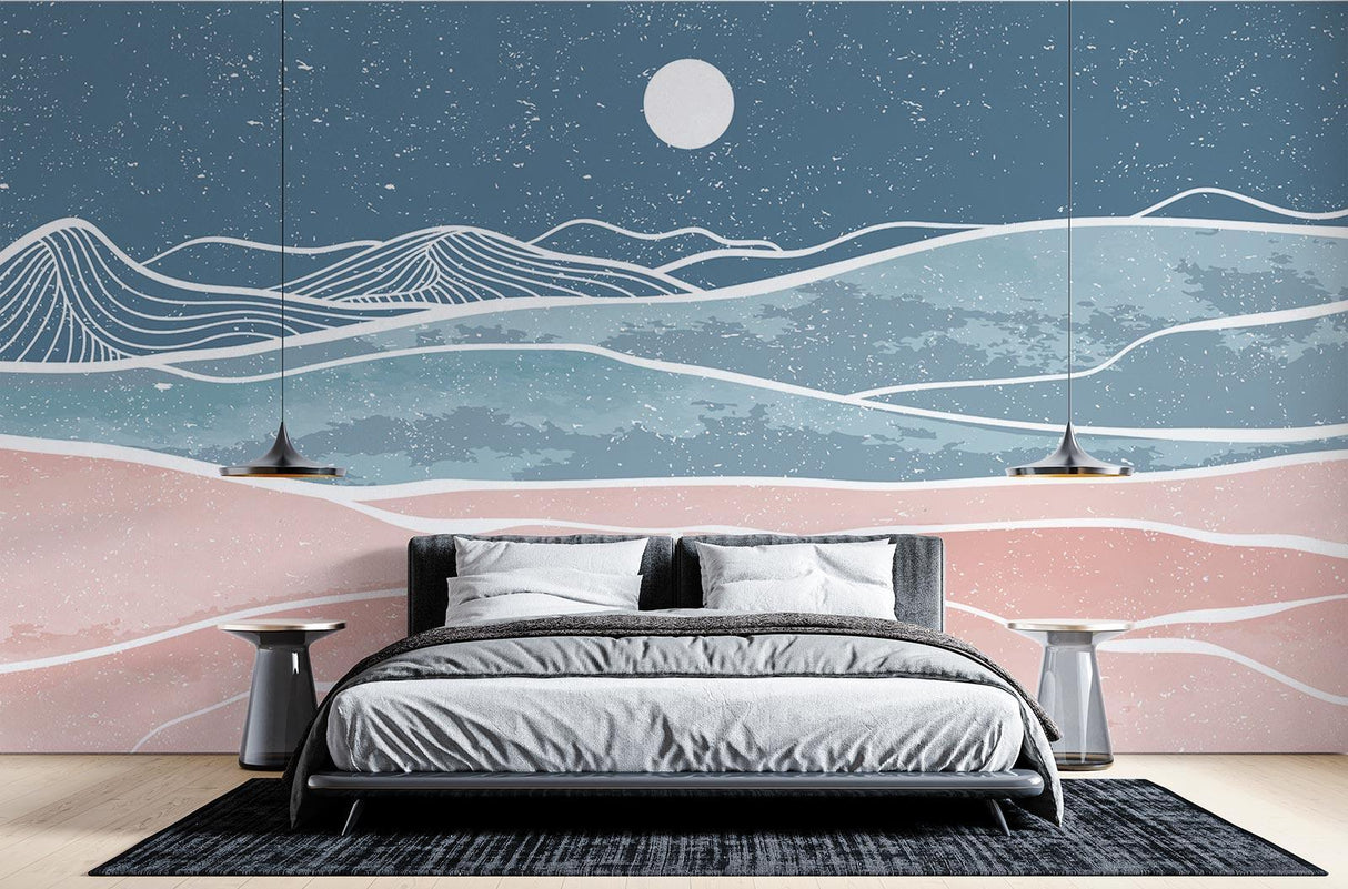 Mountain wallpaper with pink dunes creates a calm atmosphere in a modern bedroom with minimal furniture