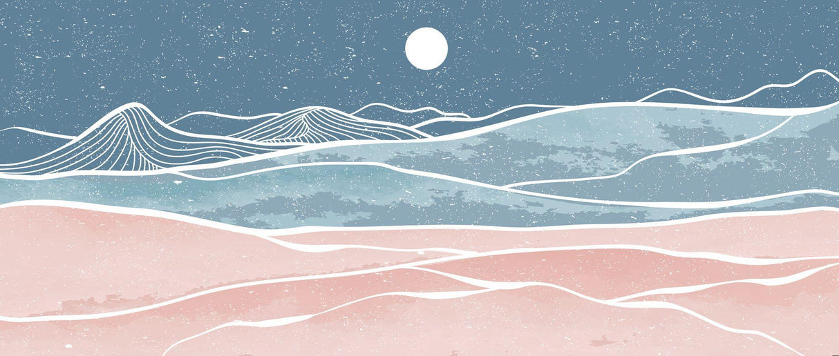 Abstract mountain mural adding depth to a cozy living room with soft evening lighting