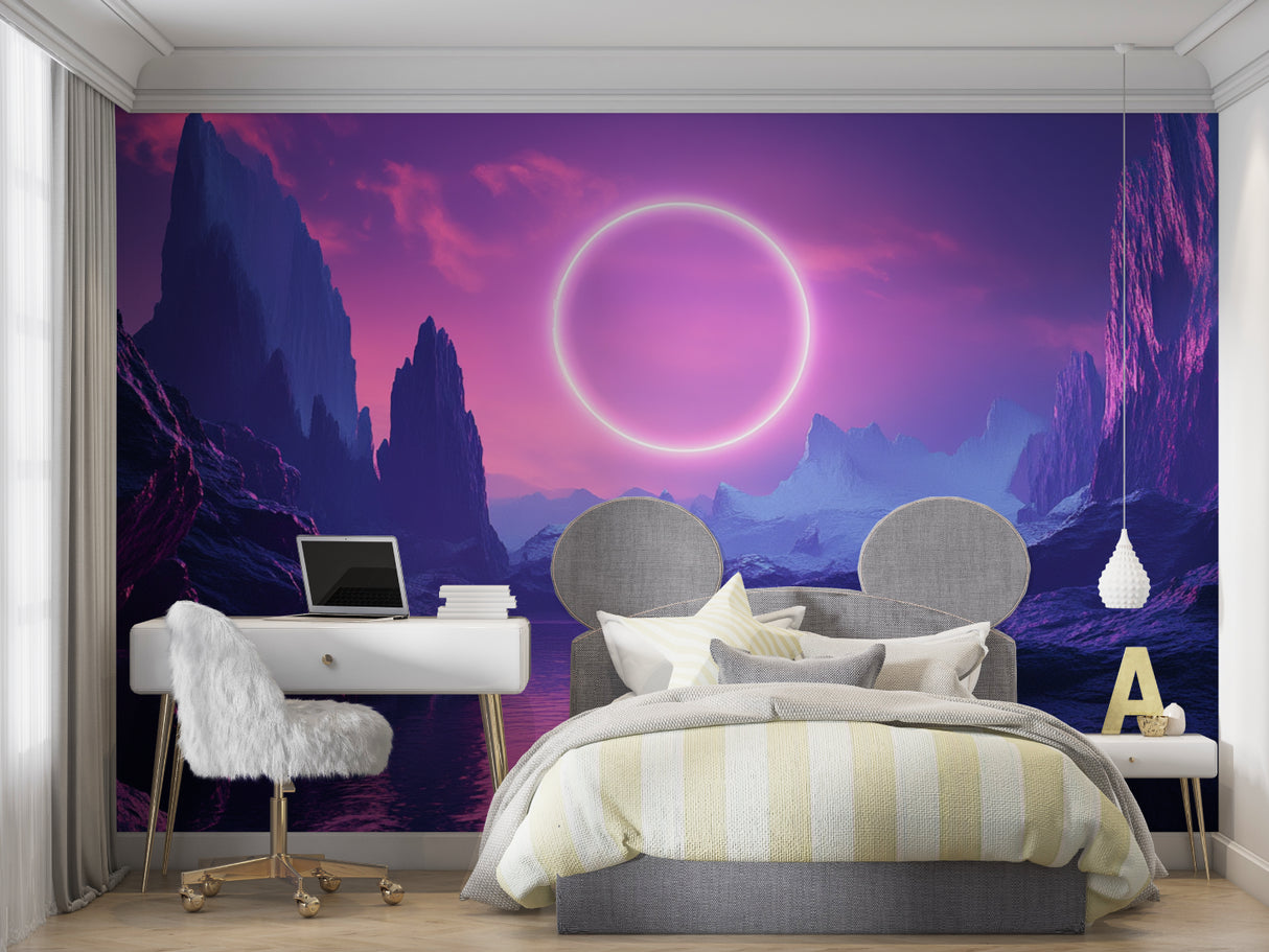 Fantasy mountain wallpaper with neon eclipse in modern gaming room setup