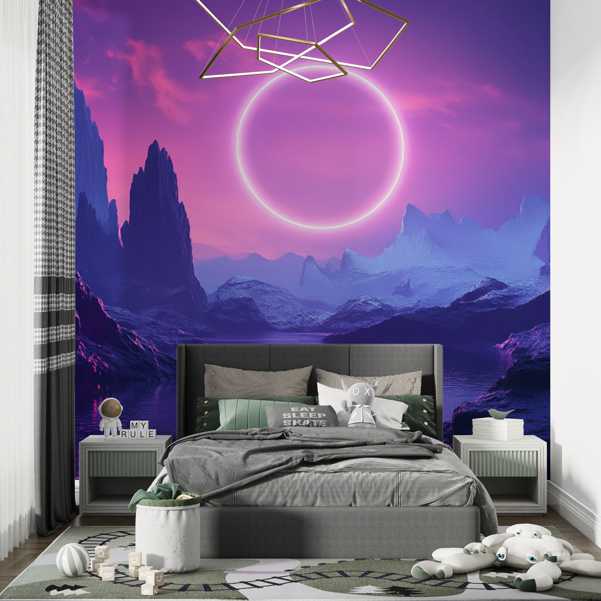 Purple mountain mural creating cosmic atmosphere in teen bedroom
