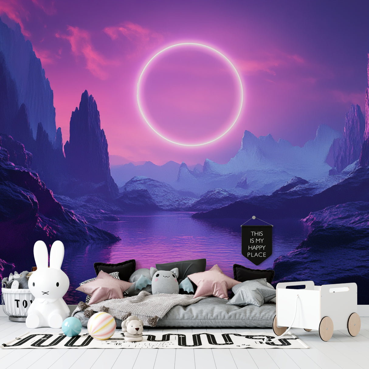 Neon eclipse landscape wallpaper transforming living room space