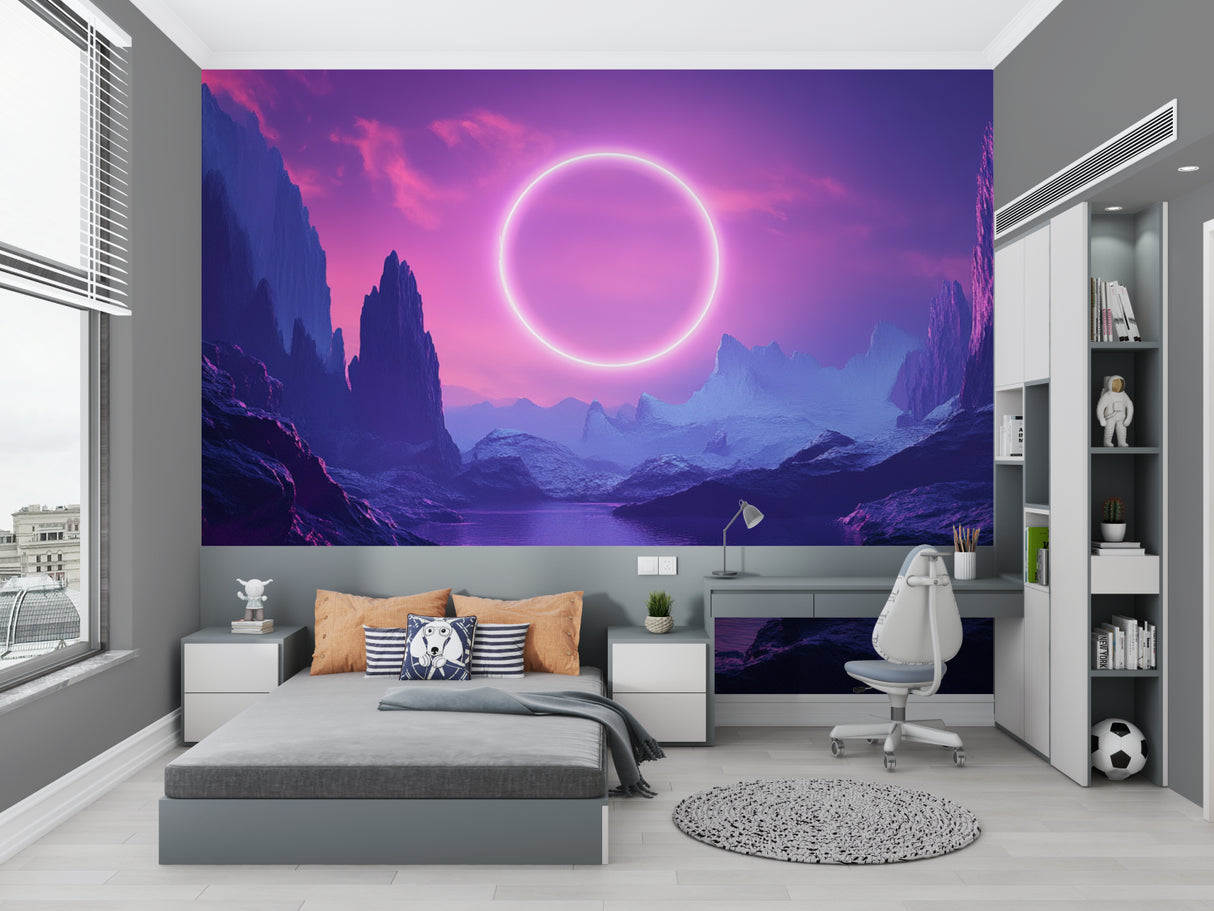 Mountain eclipse mural adding depth to home office wall