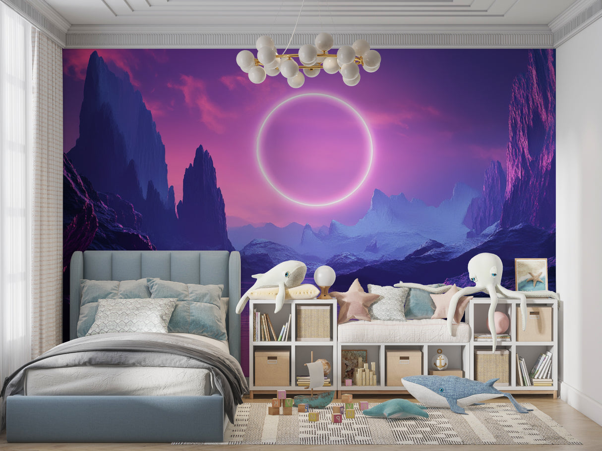 Fantasy landscape wallpaper creating cozy atmosphere in reading nook