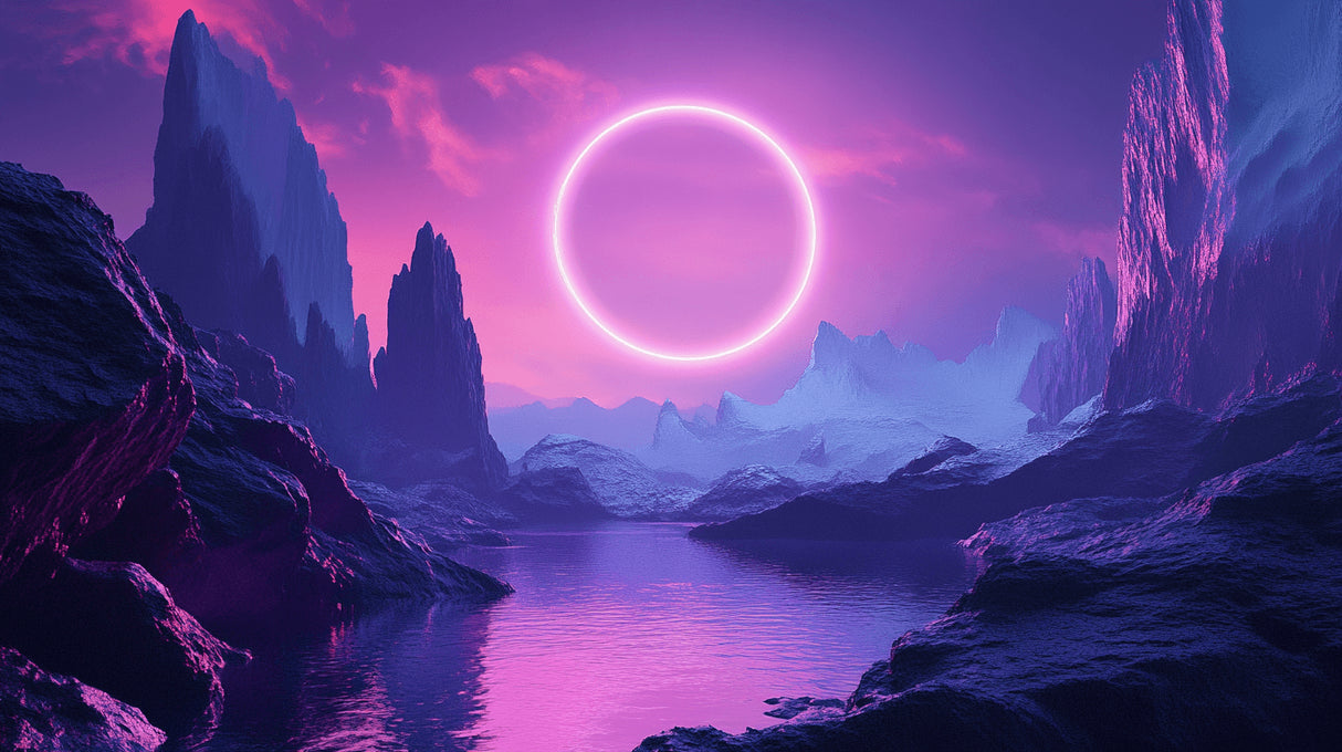 Fantasy mountain landscape design file showing full neon eclipse pattern