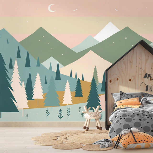 Mountain landscape wallpaper creating a cozy atmosphere in a modern Scandinavian living room with minimal furniture