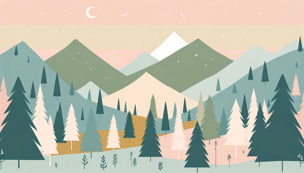 Nordic forest wallpaper design file showing detailed twilight mountain scene with pink sky and snow-capped peaks