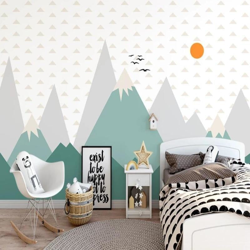 Mountain landscape wallpaper creating a serene atmosphere in a modern living room with minimal furniture