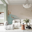 Mountain wallpaper with gold accents in modern Scandinavian living room, natural light highlighting the golden details