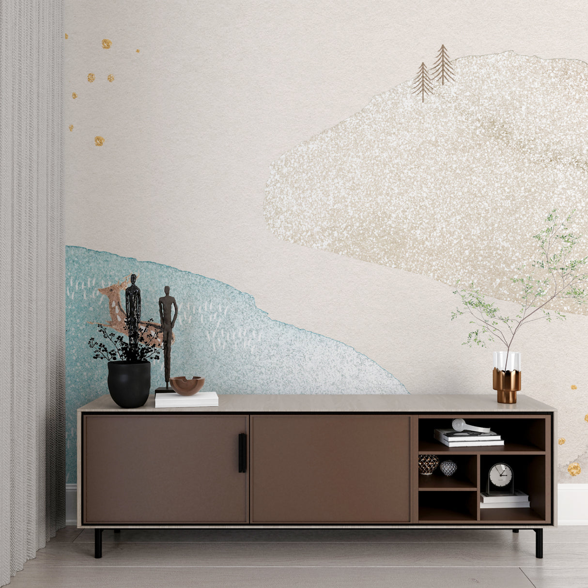Nordic mountain mural in minimalist bedroom, showing the scale of the watercolor mountains