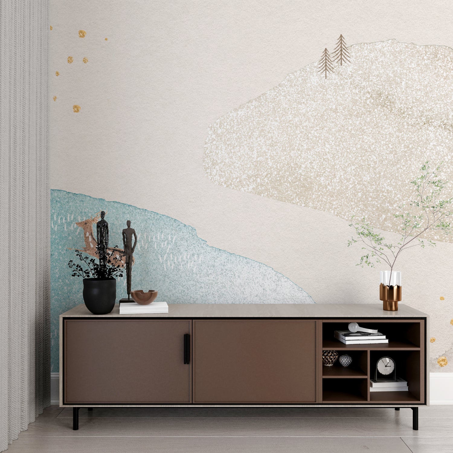 Nordic mountain mural in minimalist bedroom, showing the scale of the watercolor mountains