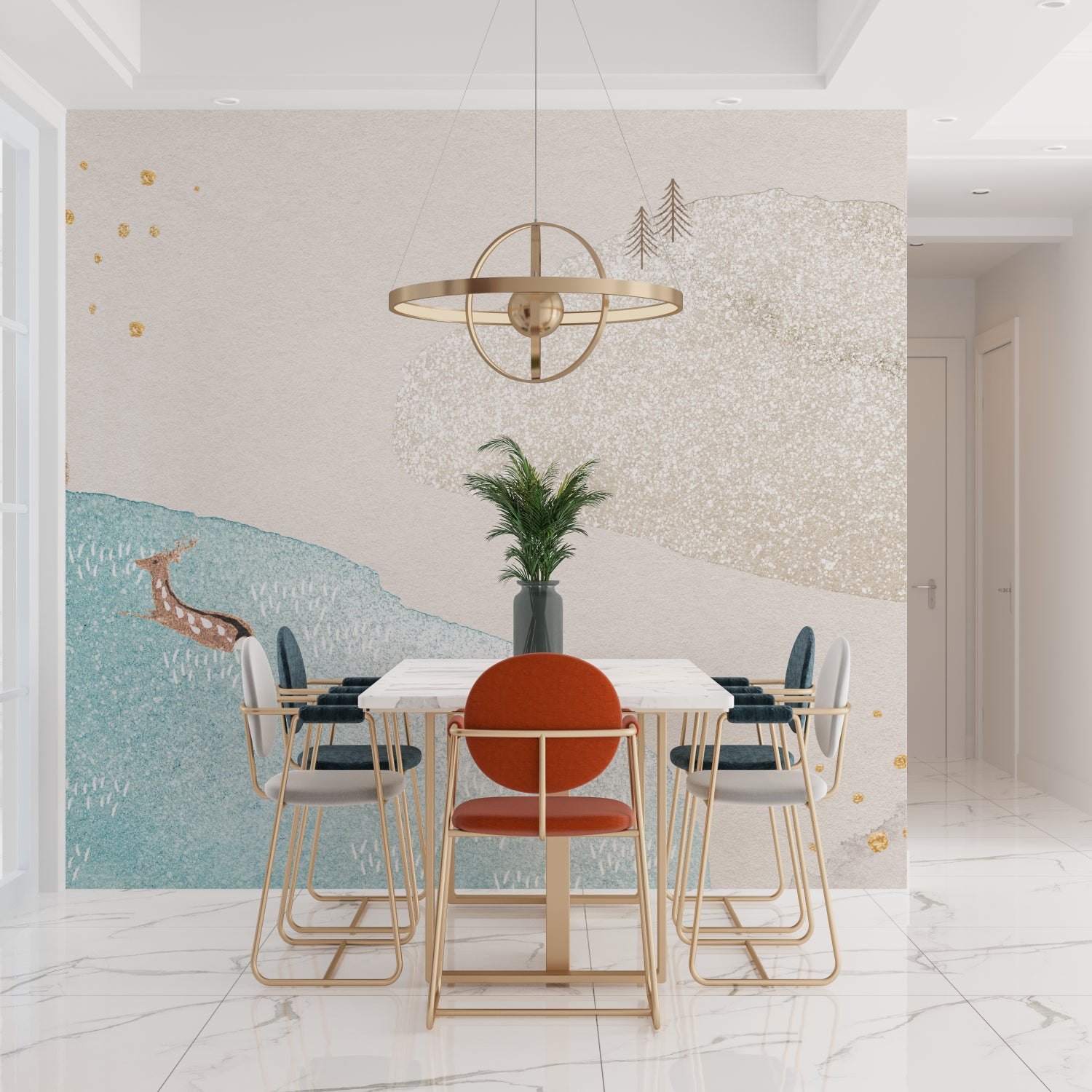 Scandinavian mountain wallpaper featured in home office with morning light catching gold elements