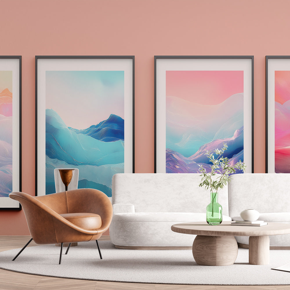 Modern mountain wallpaper mural styled in a minimalist living room, showing soft pastel colors and abstract peaks