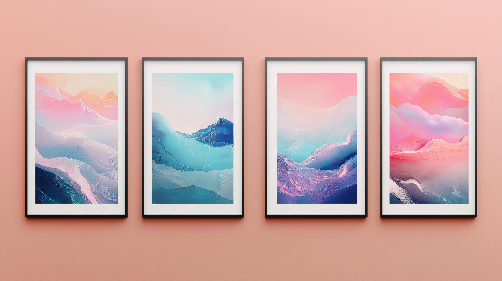 Mountain landscape wallpaper design file showing abstract peaks in ethereal pastel colors