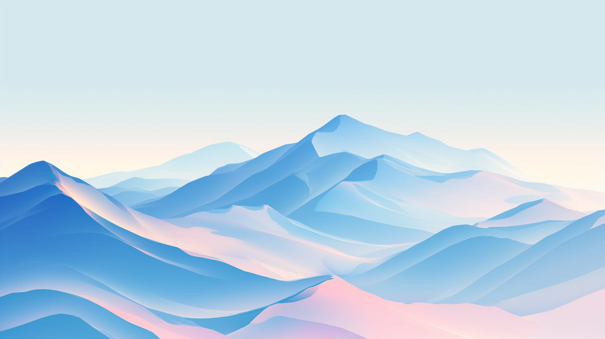 Mountain range wallpaper in soft pastels shown in a bright modern living room, creating a peaceful atmosphere