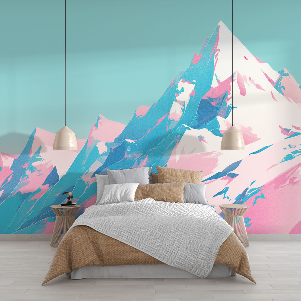 Mountain peak wallpaper in soft pink and blue tones creating a peaceful atmosphere in a modern bedroom setting