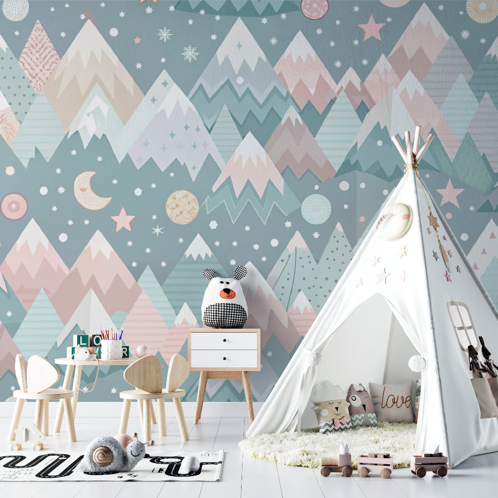 Pastel mountain wall mural featuring in a cozy reading nook with soft lighting