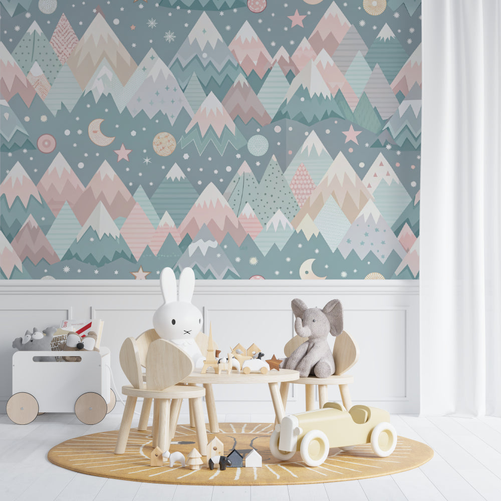 Kids bedroom showcasing mountain wallpaper with dreamy night sky elements