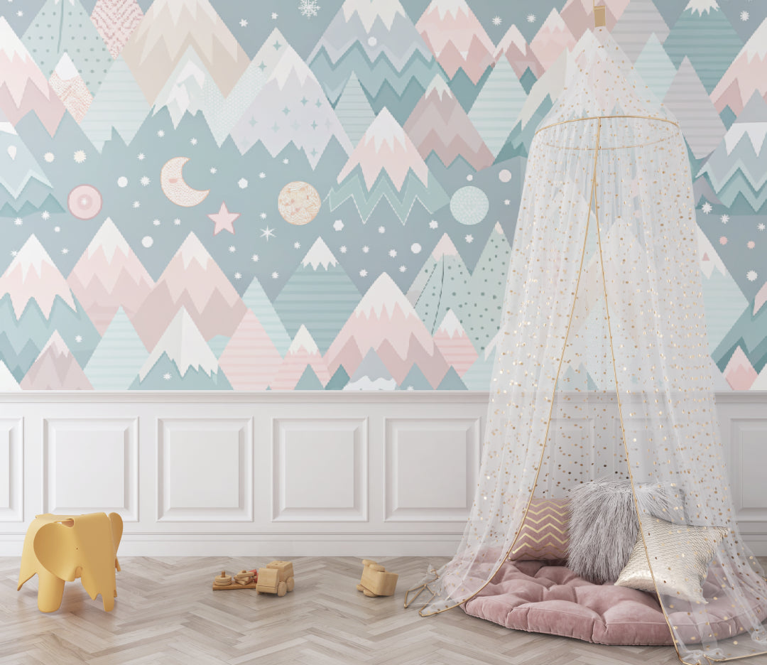 Mountain mural with stars displayed in a minimal Scandinavian children's room