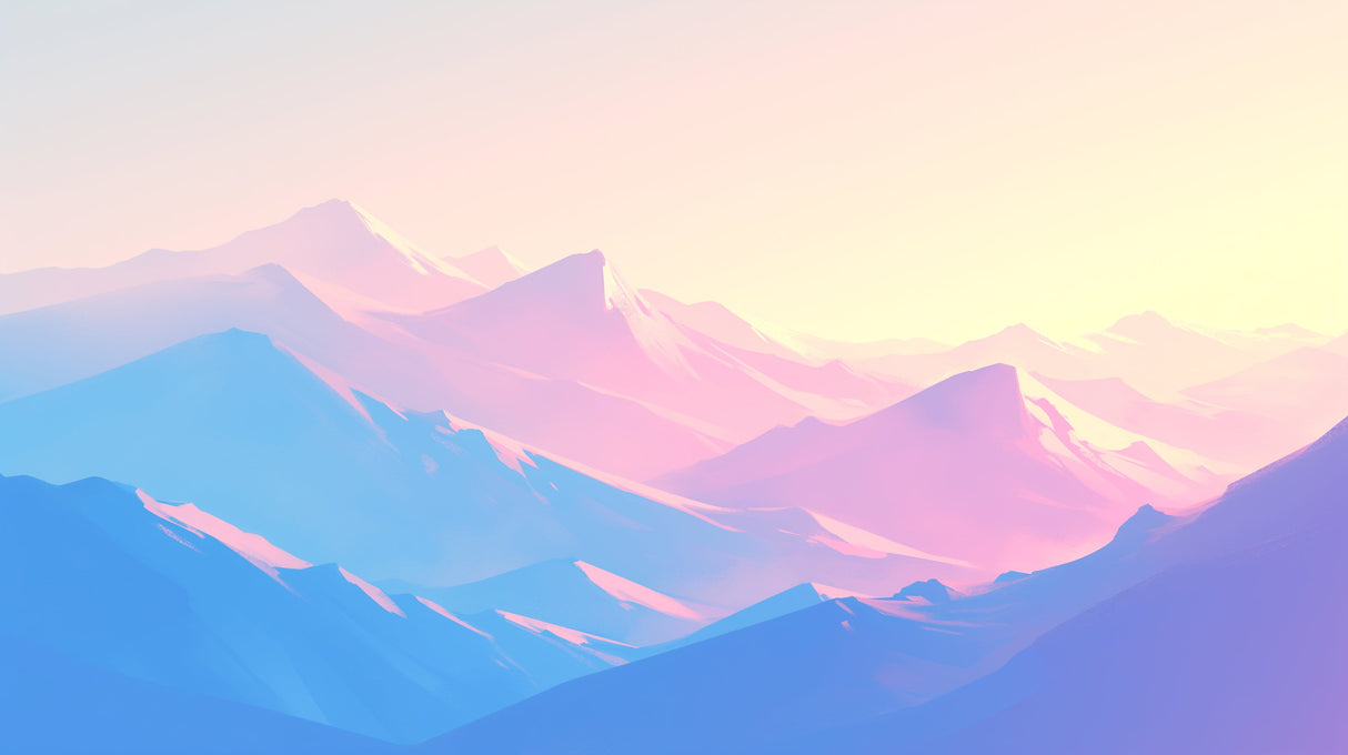 Mountain range wallpaper displayed in a bright modern living room, showing pastel sunset peaks creating depth and serenity