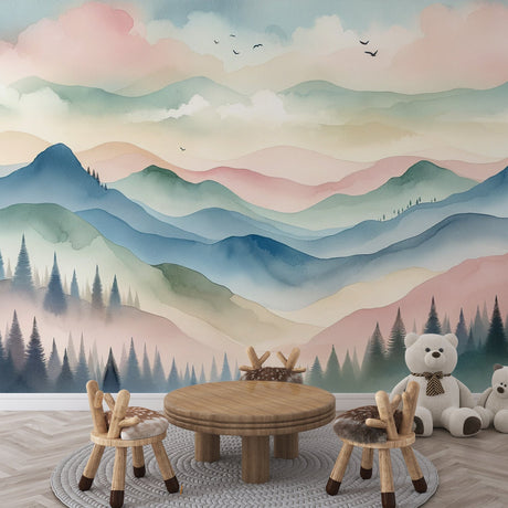 Mountain landscape wallpaper creating a serene atmosphere in a modern living room with natural light