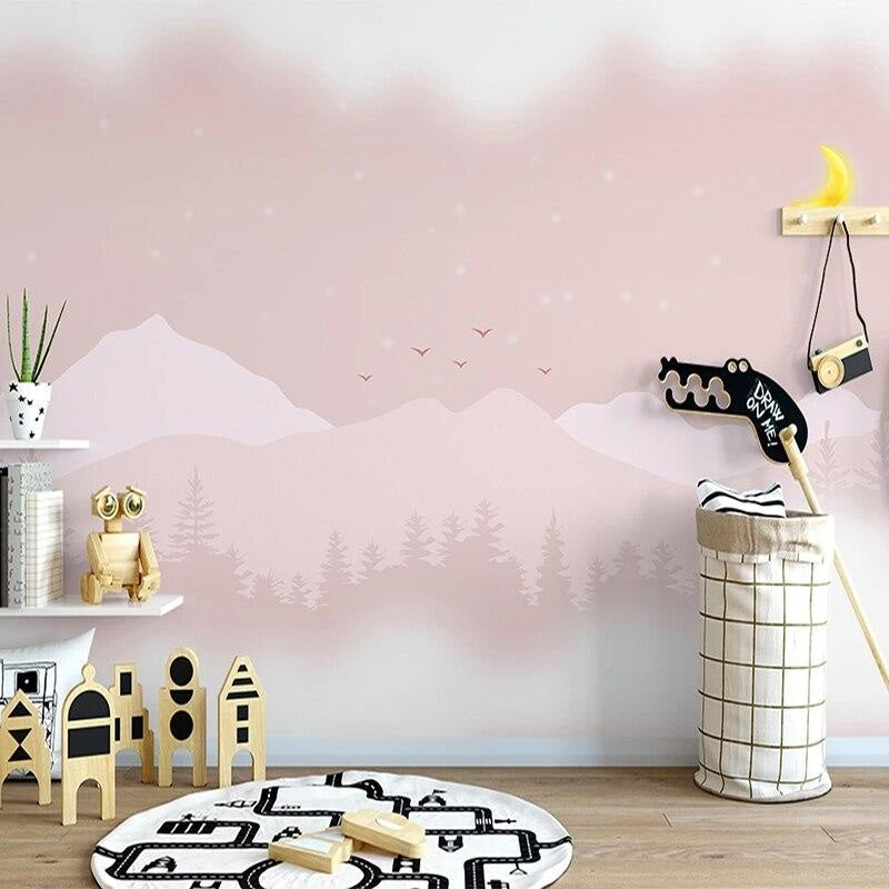 Pink Mountain Mural Wallpaper creating a peaceful atmosphere in a modern nursery with soft lighting