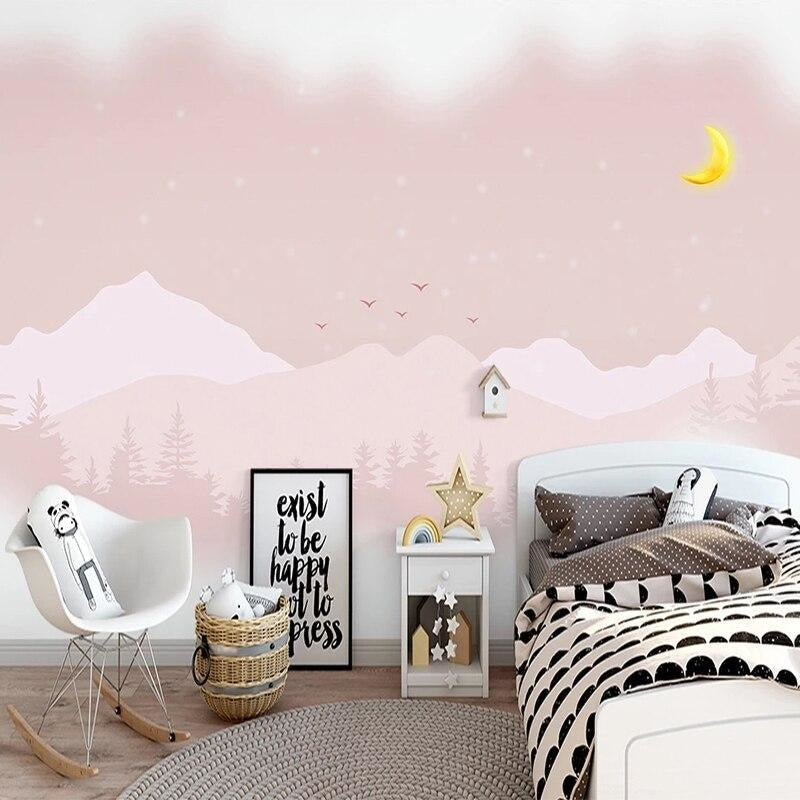 Mountain landscape wallpaper with pink mist adding depth to a cozy master bedroom