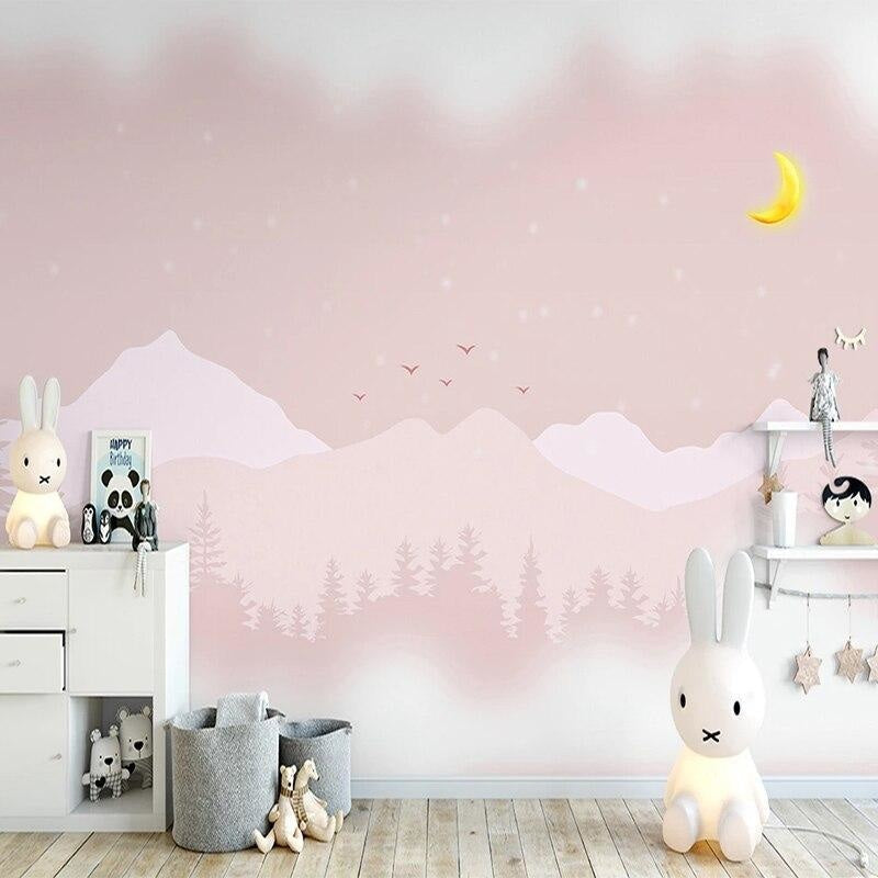 Mountain wall mural with moon creating a dreamy atmosphere in a reading nook