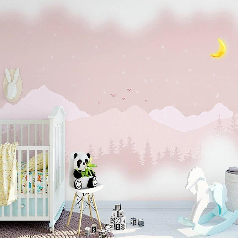 Pink mountain landscape design file showing detailed misty forest pattern with golden moon